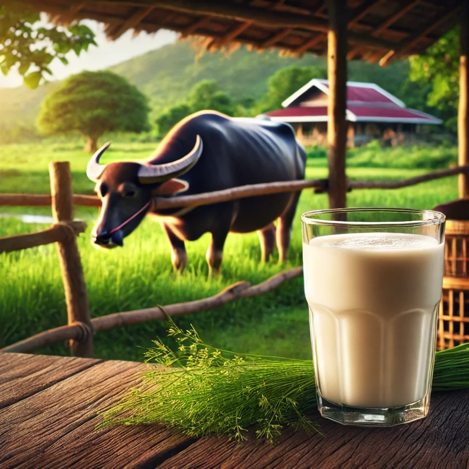 Glass of fresh buffalo milk with a rich creamy texture, placed on a wooden table.